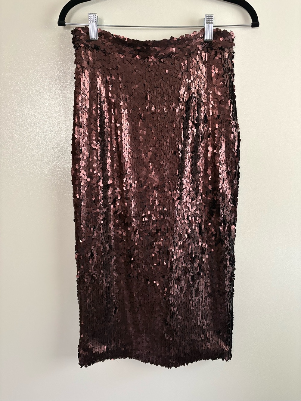 Julianna Bass Designer Bronze Sequin Midi Pencil Skirt Brown Metallic Shimmer